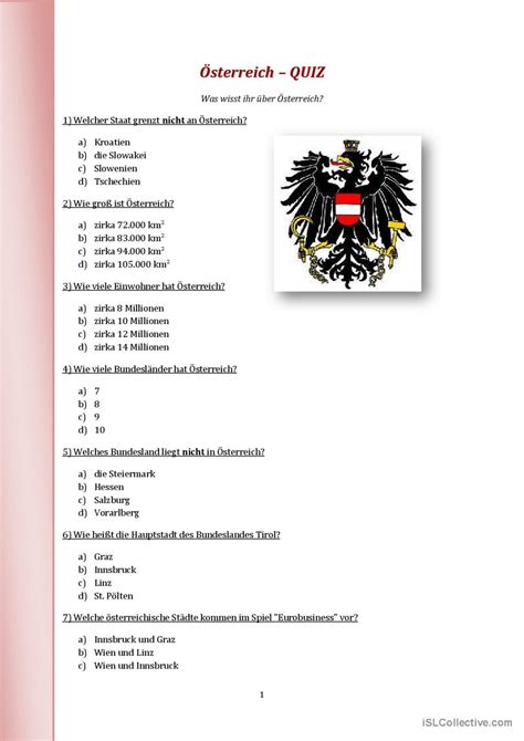 Quiz Österreich Allgemeine English Esl Worksheets Pdf And Doc