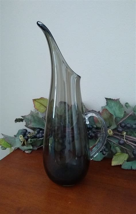 Mid Century Modern Gray Smoked Glass Pitcher With Stretched Spout Tall And Narrow Art Glass