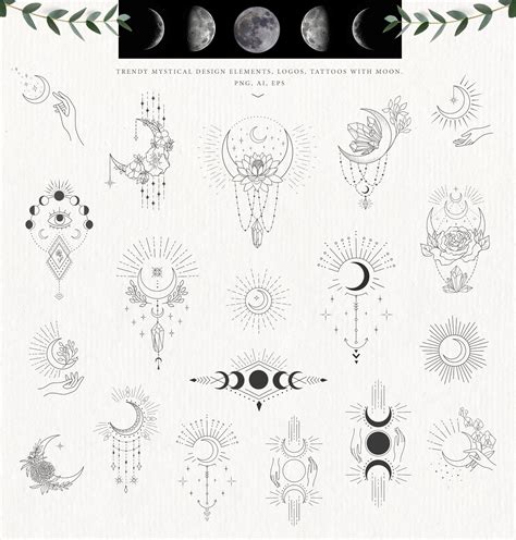 Mystical Moon Hand Drawn Floral Logo Print Design Cuts Line Art