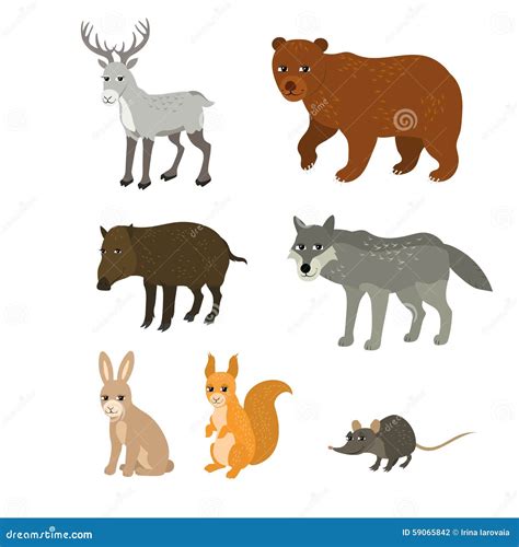 Cartoon Set Northern Deer Bear Boar Wolf Rabbit Squirrel Mouse Stock