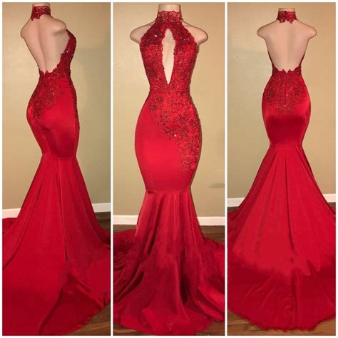 Sexy Halter Red Prom Dress High Neck Backless Evening Dresses