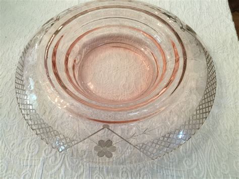 rolled edge 1940s pink etched floral console bowl etsy