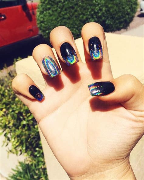 Holographic Ombré Nails With Black Love Hologram Acrylic Designs