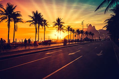 Amazing Sunset On Ipanema Beach With Sun Rays Rio De Janeiro Stock