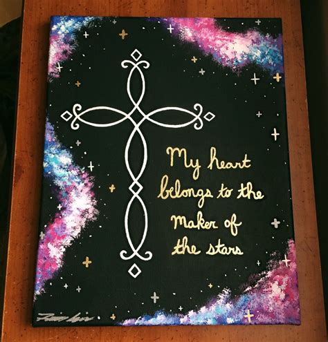 Galaxy Painting With A Cross And A Quote My Heart Belongs To The