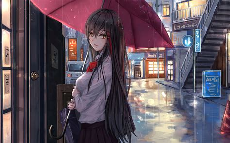 1920x1200 anime girl rain umbrella looking at viewer 1080p resolution hd 4k wallpapers images