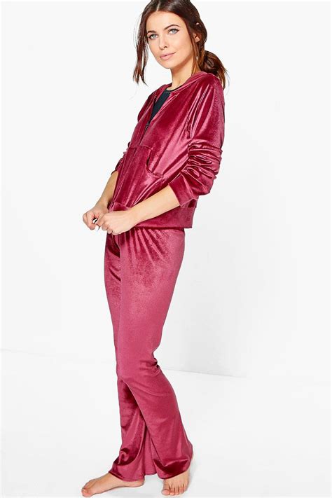 boohoo womens tia velvet hoodie zip through tracksuit ebay