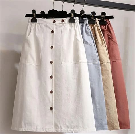 Korean Fashion Long Skirt High Waist Vintage Pockets Skirt Solid Color