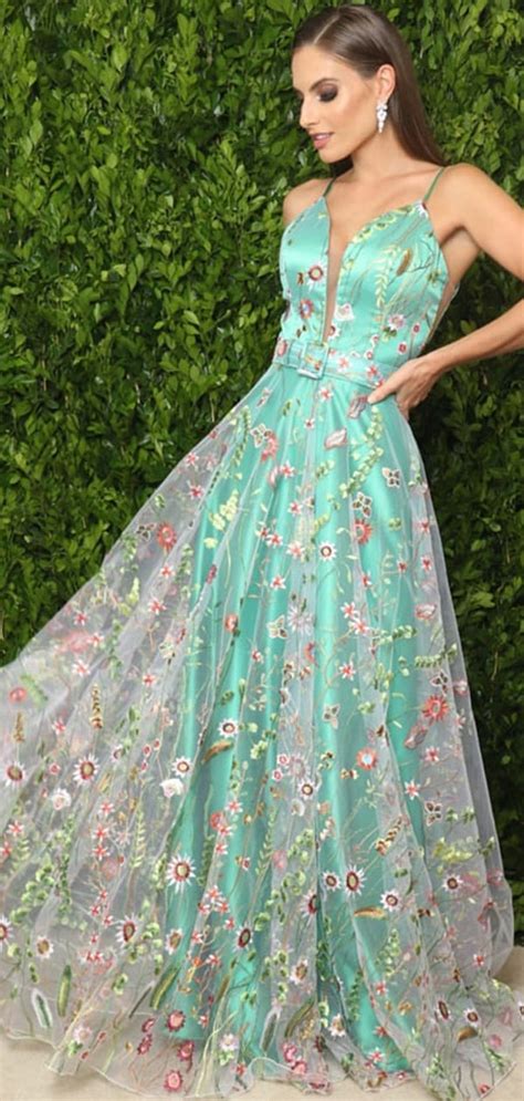 Green Satin Floral Embroidery Spaghetti Strap A Line Prom Dressespd00