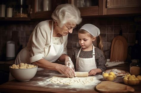 Premium Ai Image Grandmother Teaching Granddaughter Make Pasta At Home Cook Mature Flour At