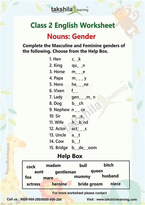 These worksheets for class 3 english or 3rd grade english worksheets help students to practice, improve knowledge as they are an effective tool in. Worksheets for class 2 english nouns gender by Takshila ...
