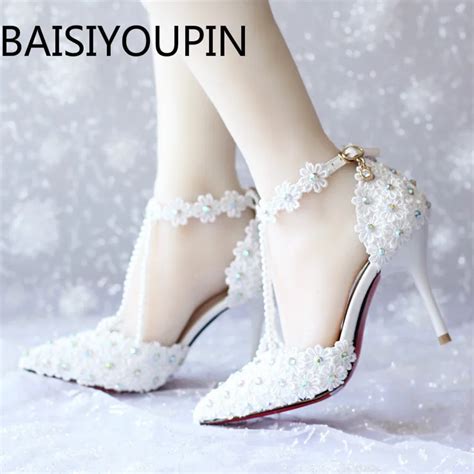 New Summer Women White Rhinestone Lace Bead Bridal Shoes Female High