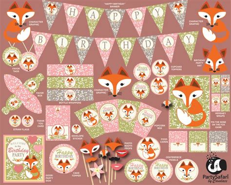 Woodland Red Fox Girl Printable Birthday Party Package Fox Etsy