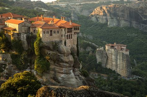 Meteora Monasteries View On The Holy Monastery Of Varlaam And Roussanou