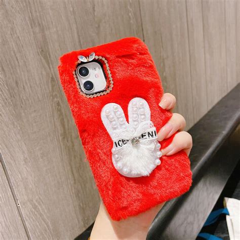 fur fuzzy diamond cute rabbit plain phone case for iphone 11 12 pro max 7 8 plus ebay