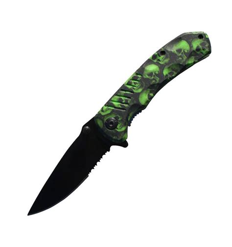 8 inch green zombie skull tactical spring assisted open pock