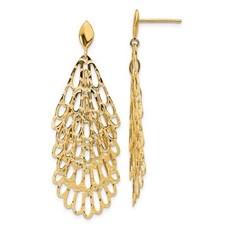 1805mm 14k Gold Polished And Textured Post Long Drop Dangle Earrings