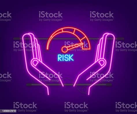 Risk Neon Icon On Speedometer In Hands High Risk Meter Vector Stock