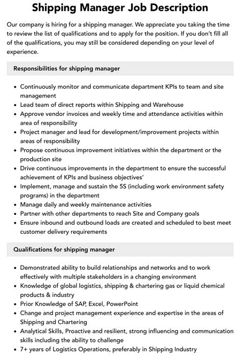 Shipping Manager Job Description Velvet Jobs
