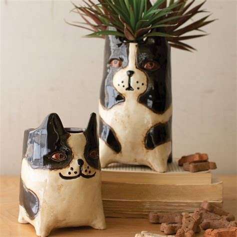Ceramic Dog Planters Iron Accents