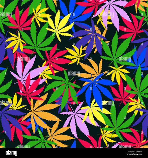 Bright Rainbow Cannabis Leaves Seamless Pattern On Black Background