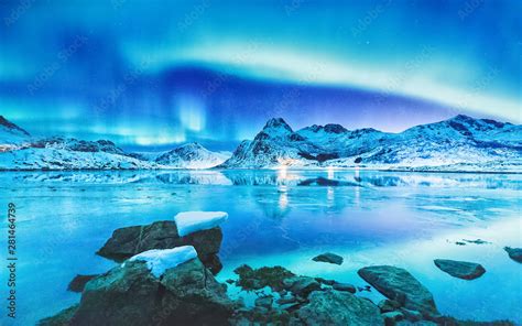 Amazing Scene Of Northern Lights Aurora Borealis On Lofoten Islands