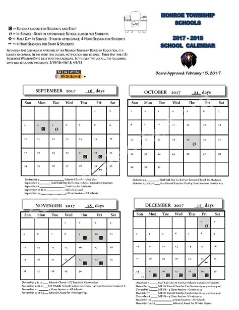 2017 2018 School Calendar Monroe Township School District Monroe
