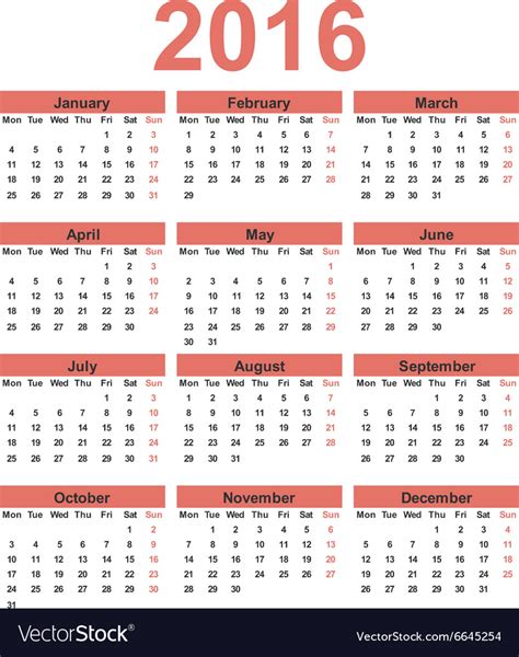 Simple Calendar 2016 Week Starts On Monday Vector Image