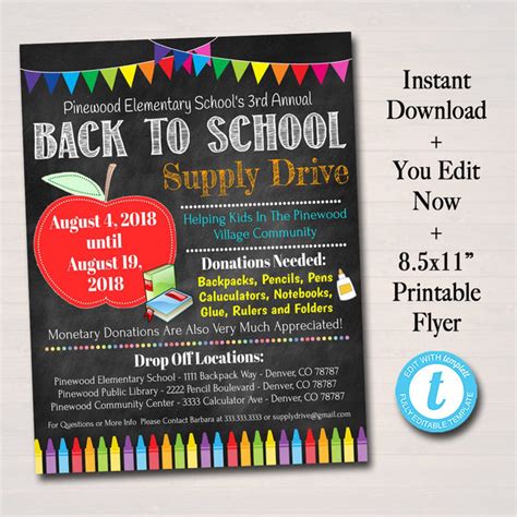 School Supply Drive Event Flyer Tidylady Printables