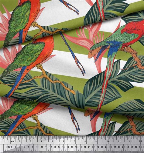 Soimoi Fabric Tropical Leavesstripe And Parrot Bird Fabric
