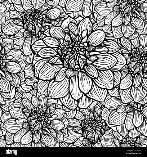 Seamless Background With Hand Drawn Dahlia Flower Black And White
