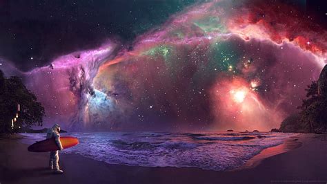Hd Wallpaper Beach Outer Space Stars Waves Galaxies Nebulae Surfing