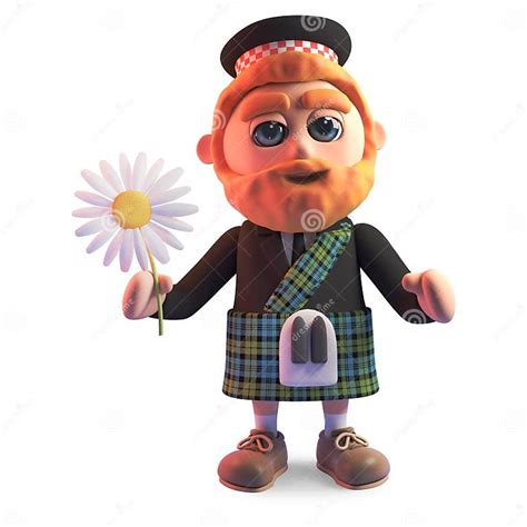 Cartoon Scottish Man In Traditional Kilt Holding A Daisy Flower 3d