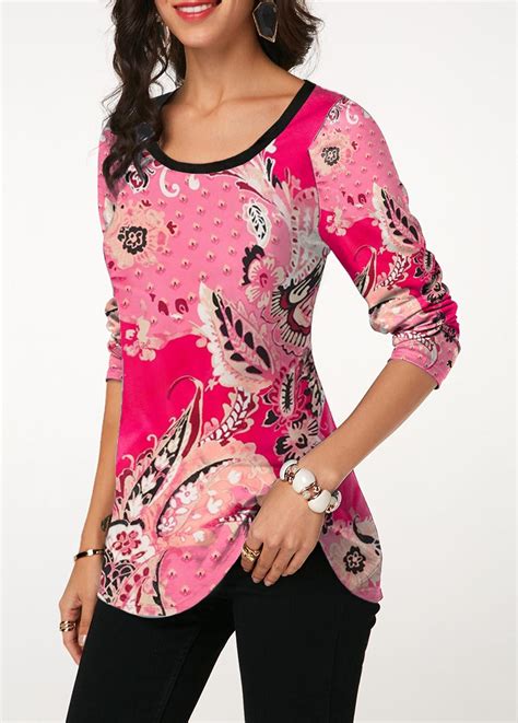 Long Sleeve Round Neck Printed T Shirt Trendy Tops For Women Trendy