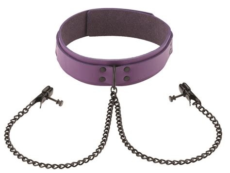 Spartacus Wholesale Nipple Purple Leather Collar With Broad Tip Clamps