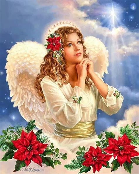 Beautiful Christmas Angel With Poinsettia Flowers And The Shining Star