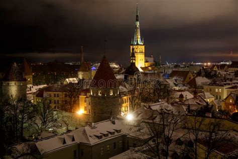 Tallinn Old Town At Night Capital Of Estonia Winter Panorama Stock