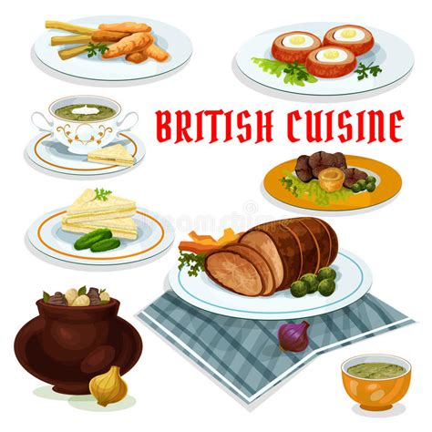 Read a guide to some classic british dishes including fish and chips, sunday roast, afternoon tea and steak and kidney pie. British Cuisine Dinner Menu Cartoon Icon Stock Vector ...
