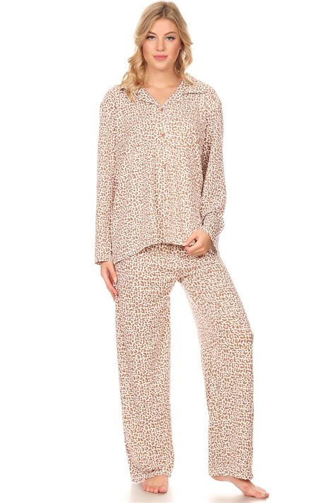 Fashion Brands Group Z2153 Womens Sleepwear Pajamas Woman Long Sleeve Button Down Set Brown