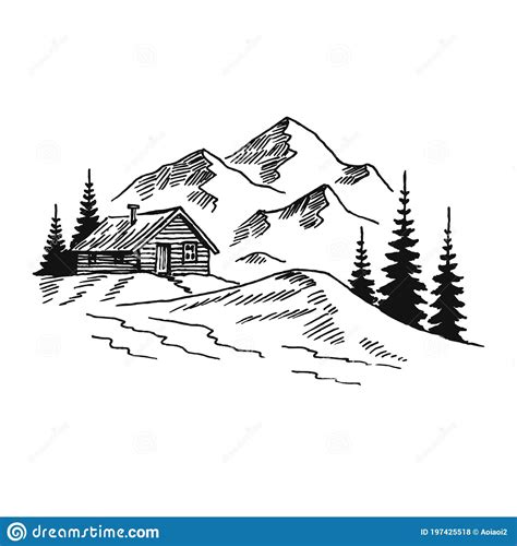 Mountain With Pine Trees And Country House Landscape Black On White