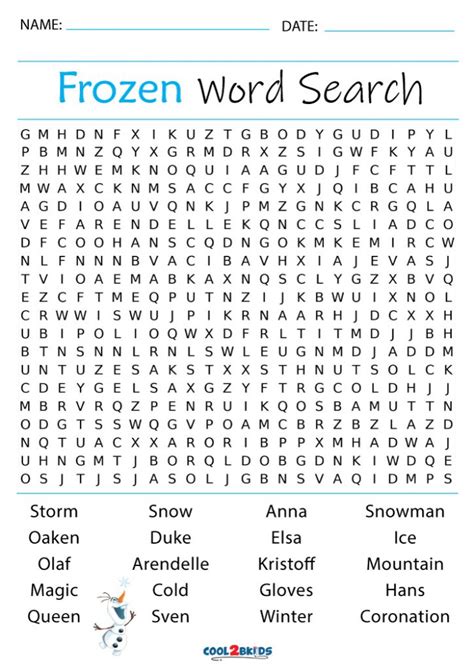 Printable Frozen Word Search Cool2bkids