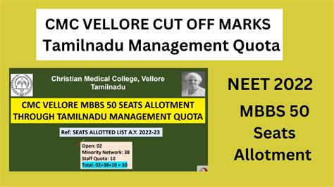 2 Cmc Vellore Cut Off Marks Neet 2022 Mbbs 50 Seats Allotment Through Tamilnadu Management