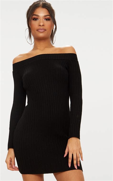 black knit bardot mini jumper dress prettylittlething