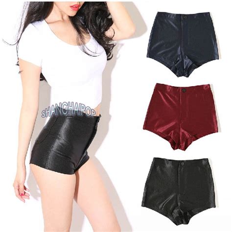 Women Hot Pants High Waist Shorts Wet Look Metallic Booty Micro Mini