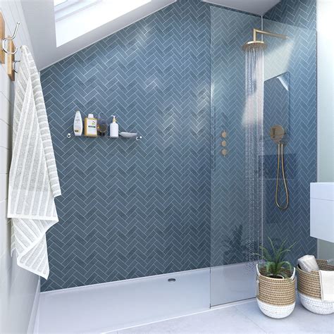 Showerwall Navy Herringbone Acrylic Waterproof Decorative Wall Panel At