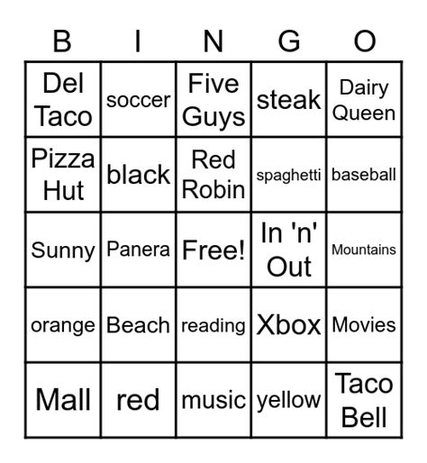 Favorite Things Bingo Card