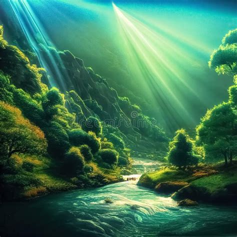 Majestic Magical Fantasy Landscape With Mountains River Waterfall