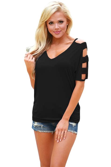 Black Cold Shoulder Ruched Sides T Shirt Women Fashion Women Shirts Blouse