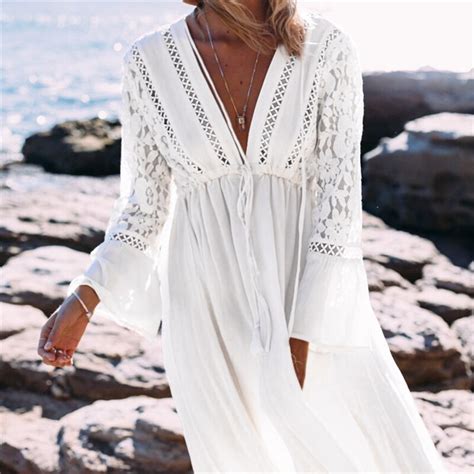 2018 White Rayon Beach Long Dress Swimwear Tunics Kaftan Beach Dress