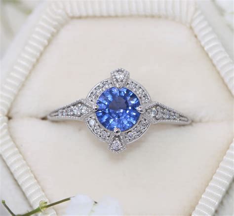 1 Carat Blue Ceylon Sapphire Engagement Ring Vintage Style Sapphire